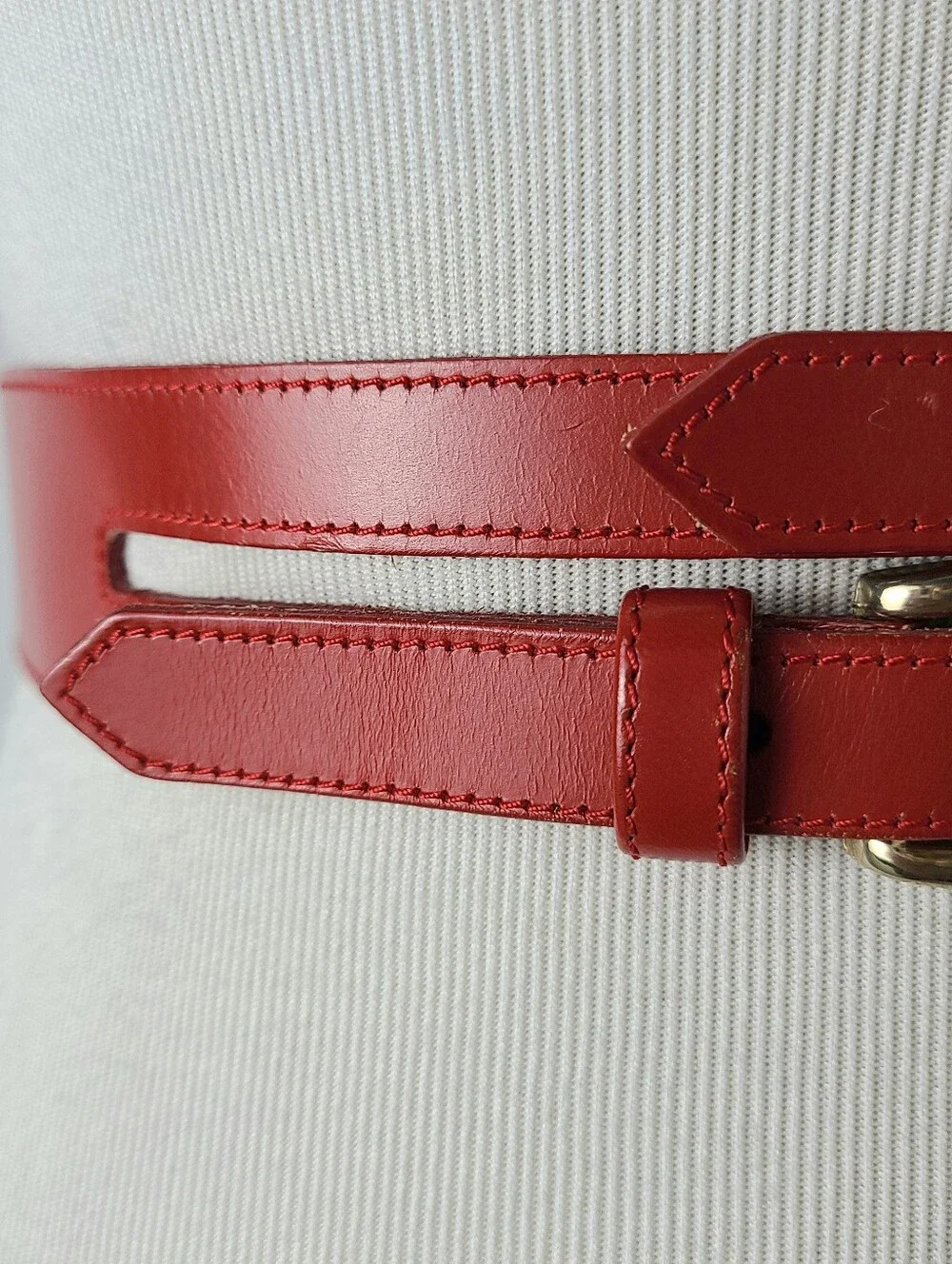 Red Corset Style Double Buckle Genuine Leather Vintage Belt